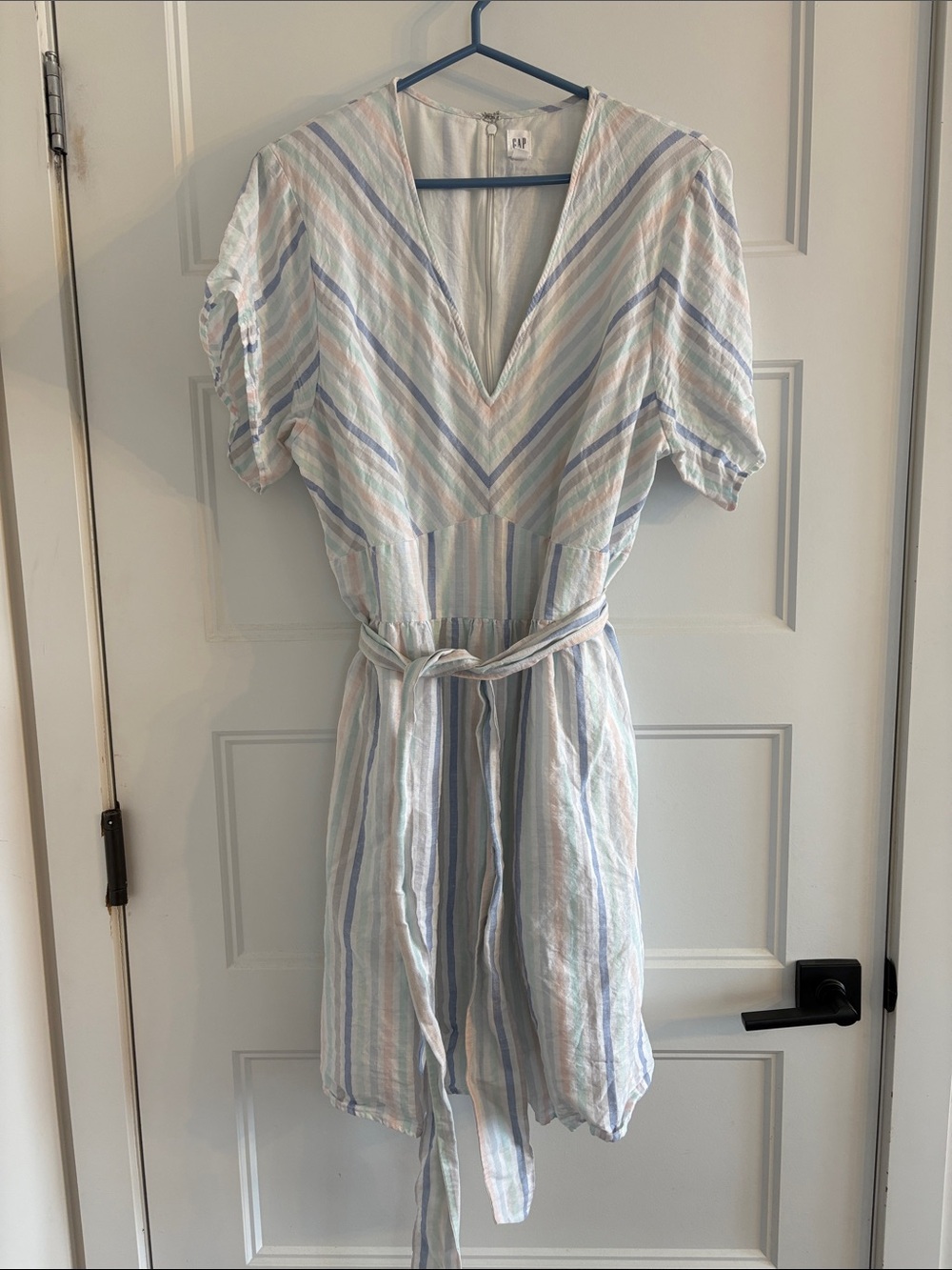 GAP Pastel Striped V-Neck Belted Midi Dress — Blue, Pink, Cream Cotton/Linen